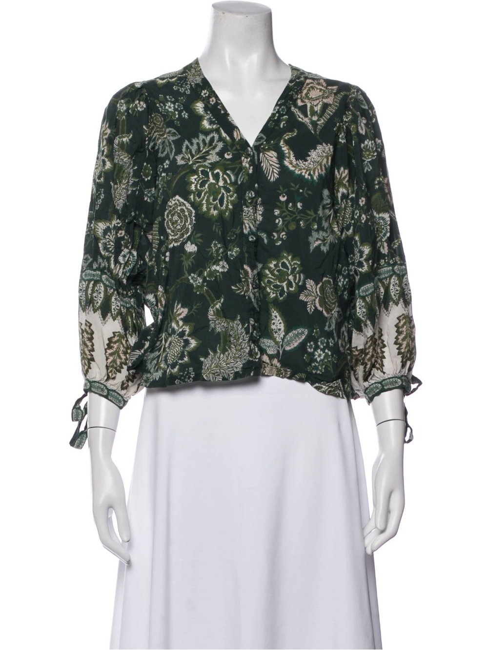 Cara Cara Green Floral Costal Tie-Sleeve Blouse